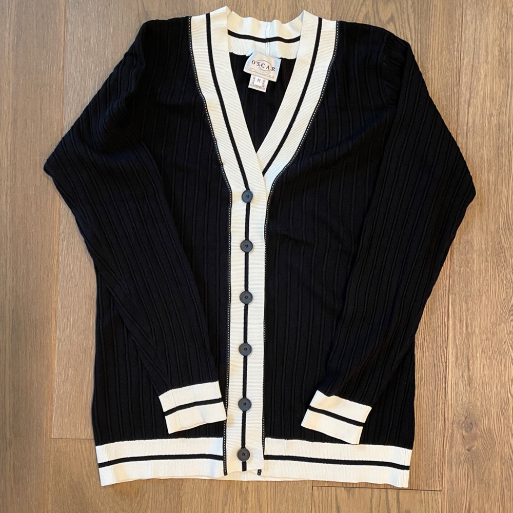 Women’s Oscar de la Rente Navy and White Button-Up Cardigan size M
